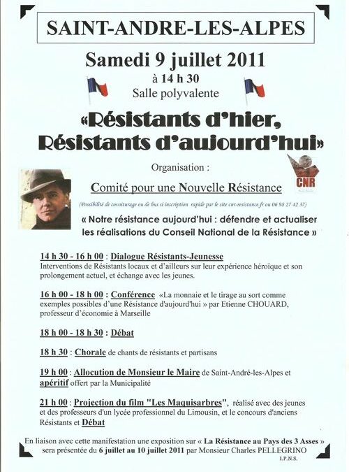 Prochaine conférence-débat à Saint-André-Les-Alpes, samedi 9 juillet 2011, 16&nbsp;h