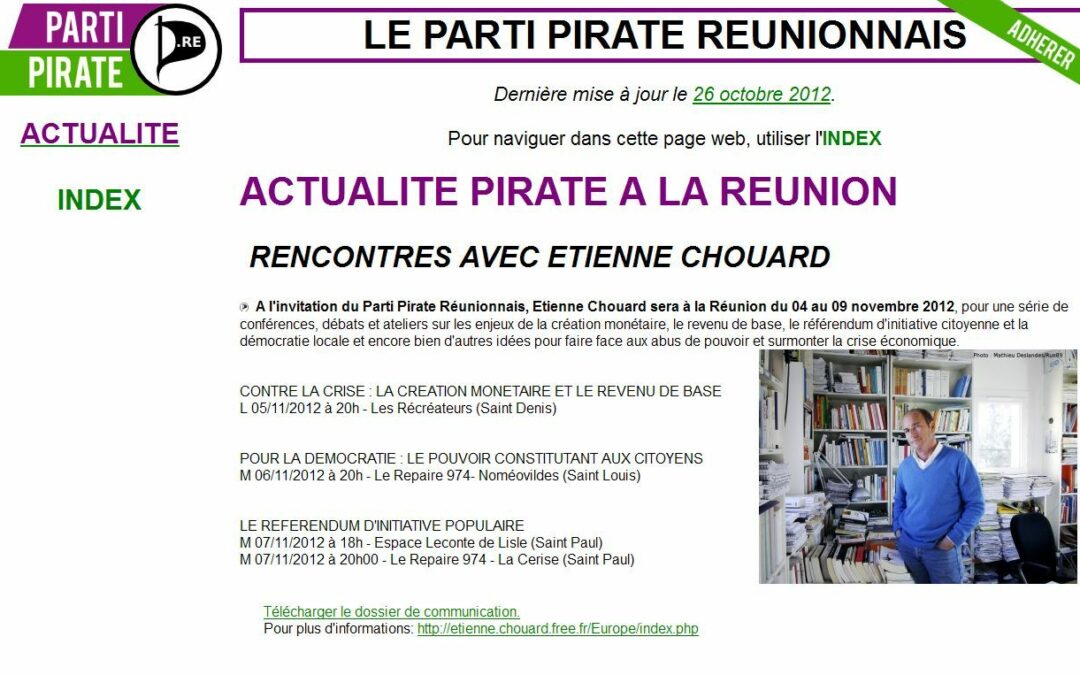 Rendez-vous à La Réunion, du 4 au 9 novembre 2012, avec le Parti Pirate Réunionnais et le Repaire 974 de Là-bas si j’y&nbsp;suis