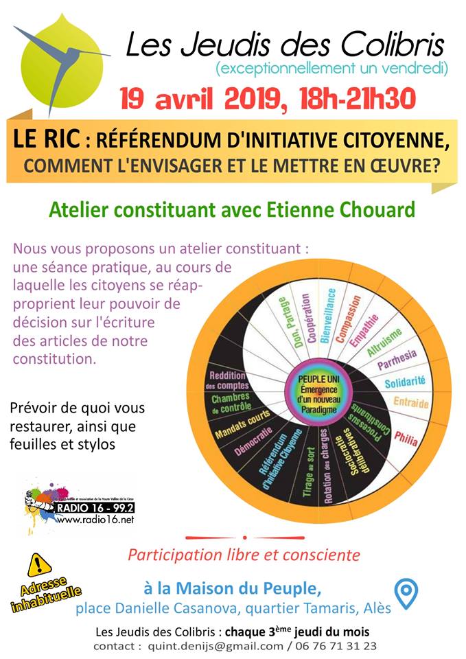 [Gilets jaunes constituants sur le RIC] Rendez-vous à Alès vendredi 19 avril 2019 à 18 h, avec les Colibris