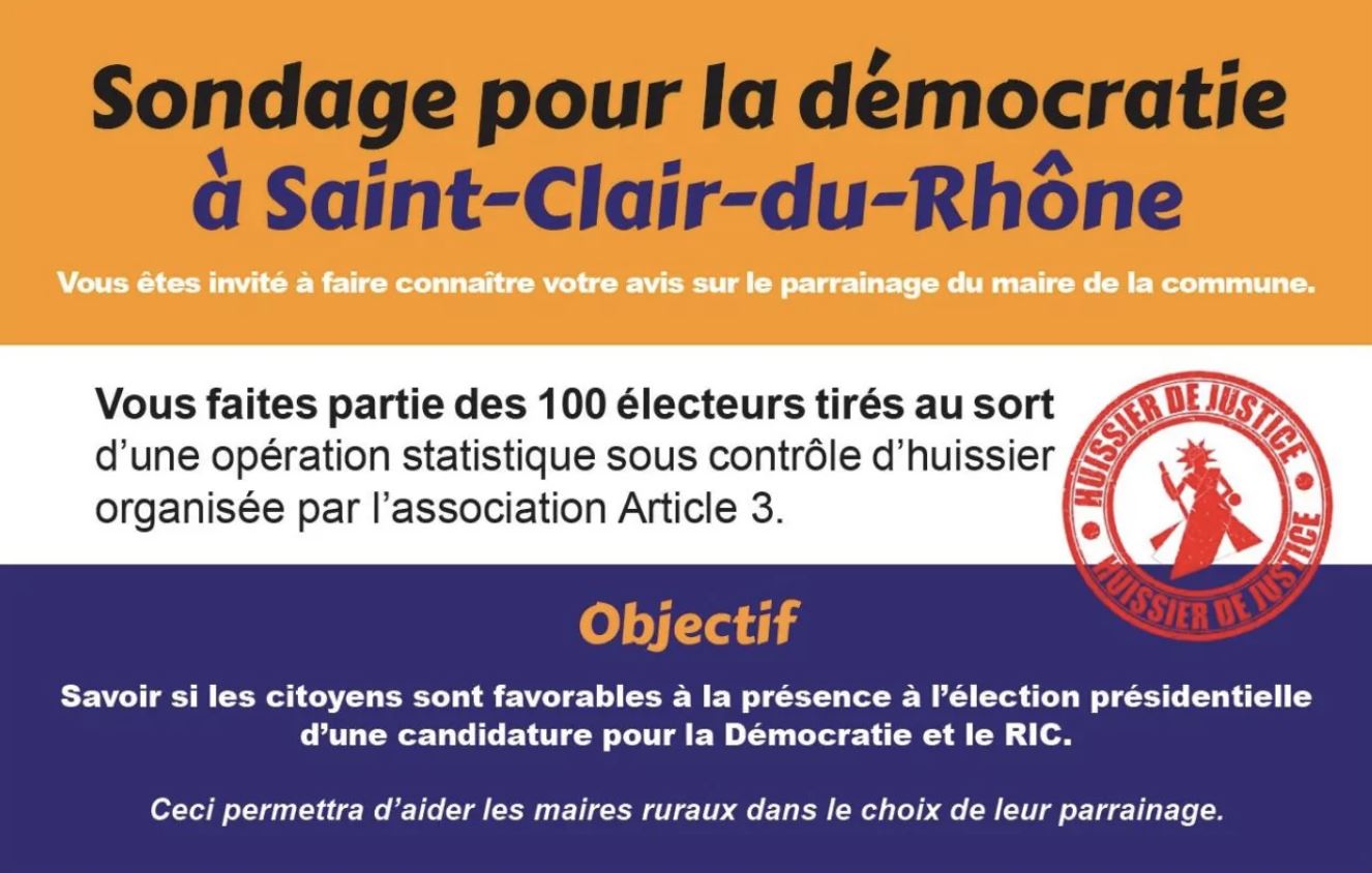 Action de terrain à Saint-Clair-Du-Rhône : un SIC (sondage d’initiative citoyenne) sur un échantillon tiré au sort, pour savoir si la population demande à son maire de soutenir la candidature de Clara Egger (la seule qui veuille une vraie démocratie, c’est-à-dire un processus constituant populaire permanent PCPP)