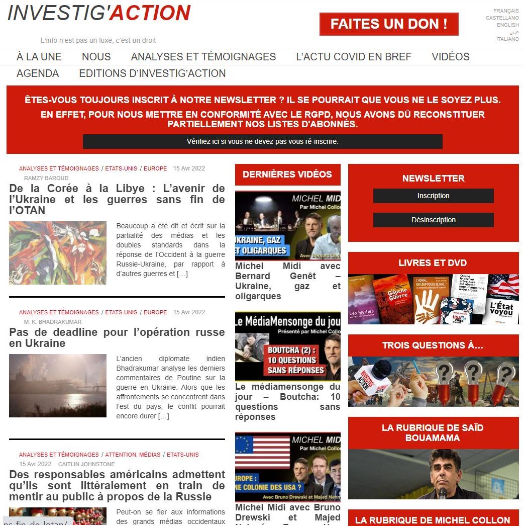 En période de propagande de guerre, lisez Michel COLLON (Investig’Action), tous les jours, pour bien détecter les média-mensonges