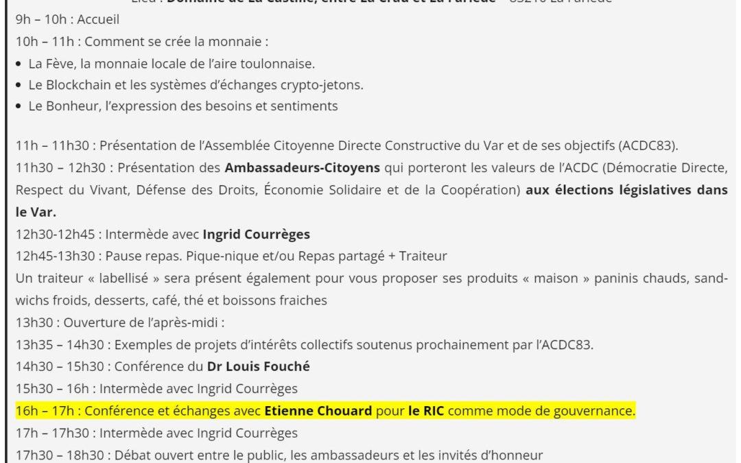 Rendez-vous près de Toulon, dimanche 1er mai 2022, avec l’Assemblée Citoyenne Directe Constructive du Var, pour un échange sur le RIC, et avec Louis Fouché