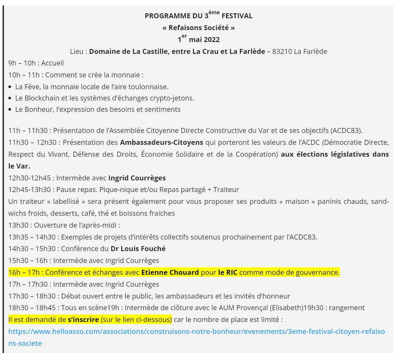 Rendez-vous près de Toulon, dimanche 1er mai 2022, avec l’Assemblée Citoyenne Directe Constructive du Var, pour un échange sur le RIC, et avec Louis Fouché