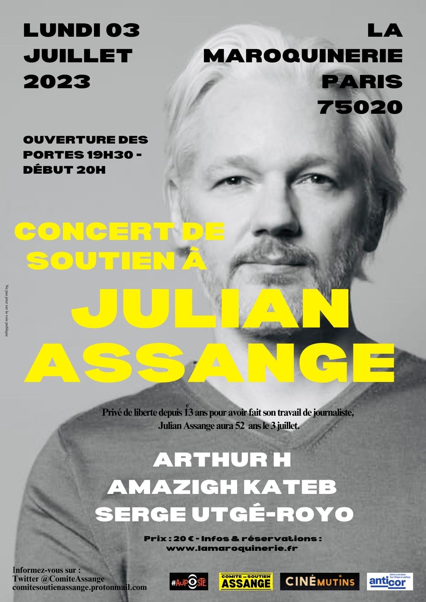 Affiche concert de soutien Assange 3 juillet 2023