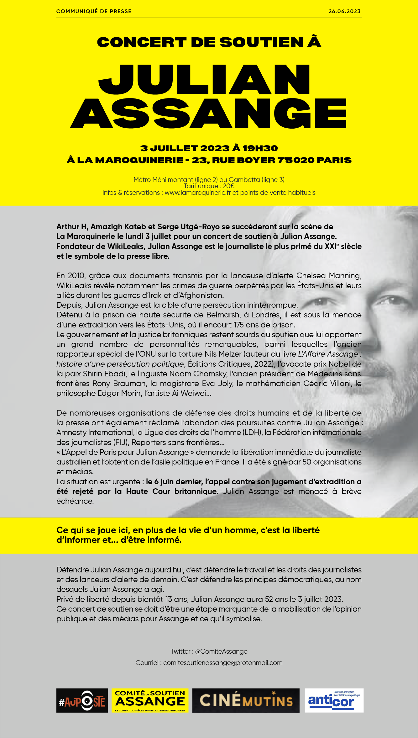 Communiqué concert de soutien Assange 3 juillet